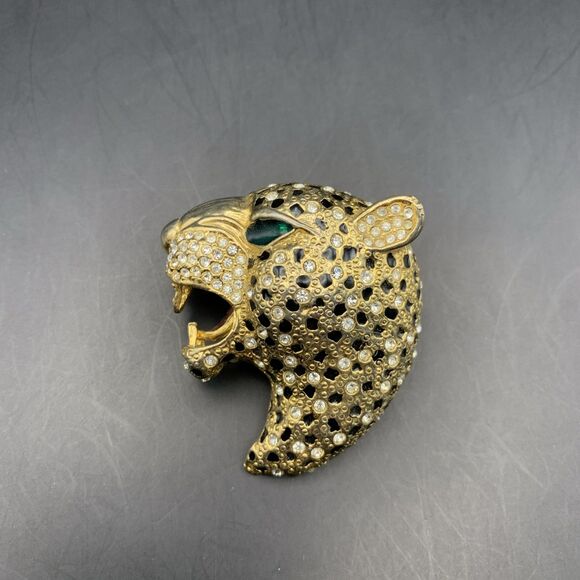 Leopard Head Brooch Pin Big Cat Clear Rhinestone Black Green Enamel Vintage - Picture 2 of 7